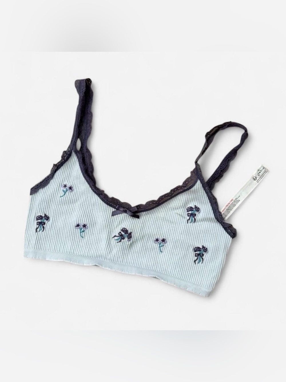 Urban Outfitters Light Blue Ribbed Floral Bralette with Navy Trim